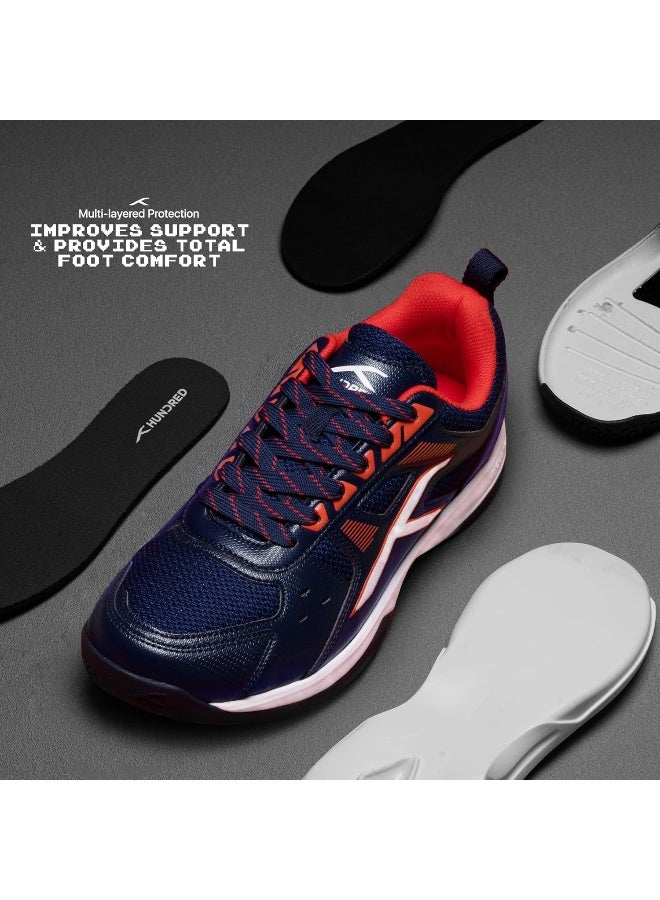 HUNDRED Raze Badminton Shoes (Non Marking) | Lightweight & Durable | X-Cushion, Active Grip Sole, Toe Assist(Navy/Orange Red, 1Uk) - Image 2