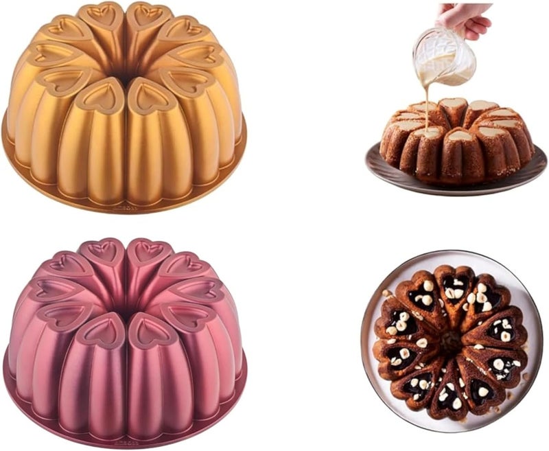 MIENCA Heart Shape Aluminum Cake Pan, Titanium Coating, Non-Stick, 12 Cups, Gifts for Mom, 10 Inch Baking Mold, Cast Aluminum Fluted Tube Pan, Easy to Clean (2-Pack, Red-Gold) - Image 1