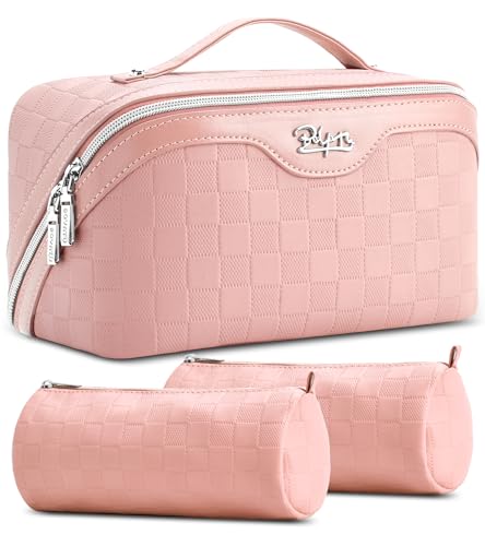 BOYATU Travel Makeup Bags for Women: Sweet Pink Checkered Large Capacity Cosmetic Bag - You Deserve a Little Sweetness Every Day - 3 Pcs Toiletry Organizer Holds 10-20 Full-Size 50-100ML Bottles - Image 1
