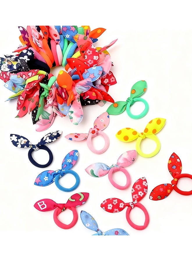 Happy D 50 Pieces Elastic Hair Tie Rabbit Ears Ribbon Cute Rubber Ties, Hair Accessories Ornaments - Image 1