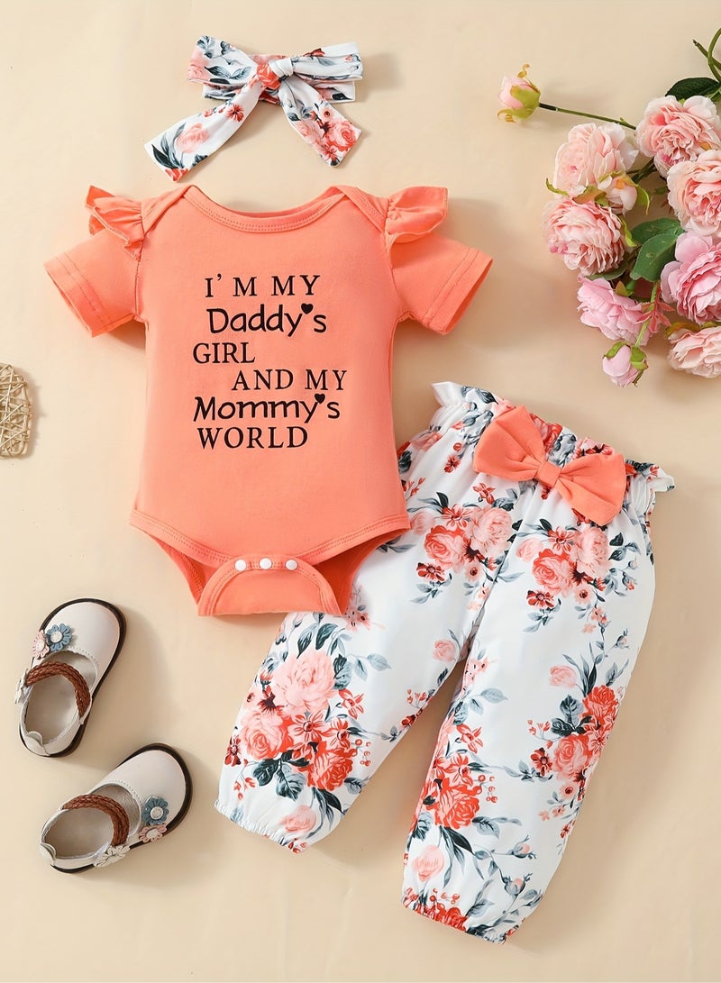 3-Piece Baby Girl Outfit Set – Letter Print Triangle Romper + Floral Bow Pants & Headscarf, Newborn Baby Clothes, Baby Gift Set – 3-6M - Image 1