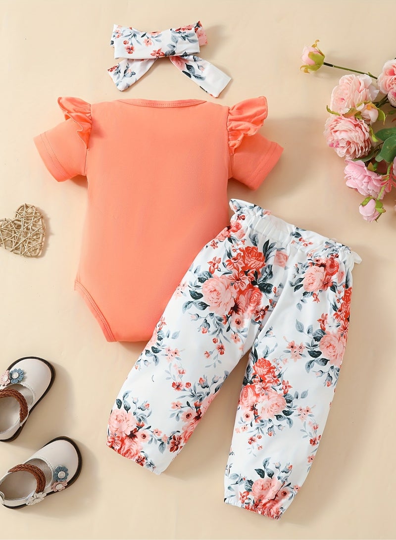 3-Piece Baby Girl Outfit Set – Letter Print Triangle Romper + Floral Bow Pants & Headscarf, Newborn Baby Clothes, Baby Gift Set – 3-6M - Image 2