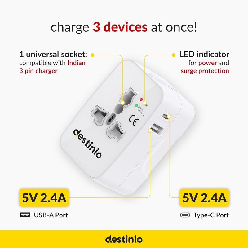Destinio Destinio Universal Travel Adapter with Type C 12W Type C 12W USB A 5V24A 3 in 1 International Worldwide All in One Charger Plug and Socket for USA Canada UK Europe 10 Yr Warranty  - Image 2