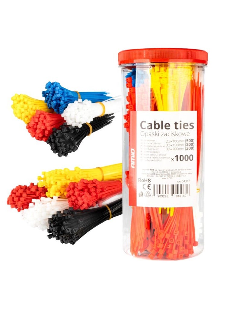 أميو مجموعة أربطة كابلات نايلون متعددة الألوان 1000 قطعة – طقم Zip Ties لتنظيم الكابلات والأسلاك - Image 1