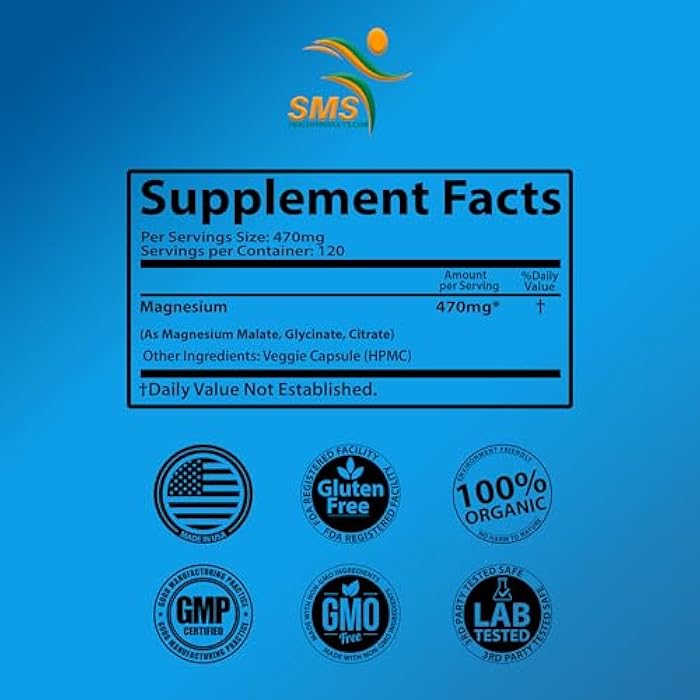 SMSHEALTHPRODUCTS.com Magnesium Complex | 470mg of Magnesium Glycinate, Malate, & Citrate for Muscles, Nerves, & Energy | High Absorption | Vegan, Non-GMO | 120 Capsules - Image 3