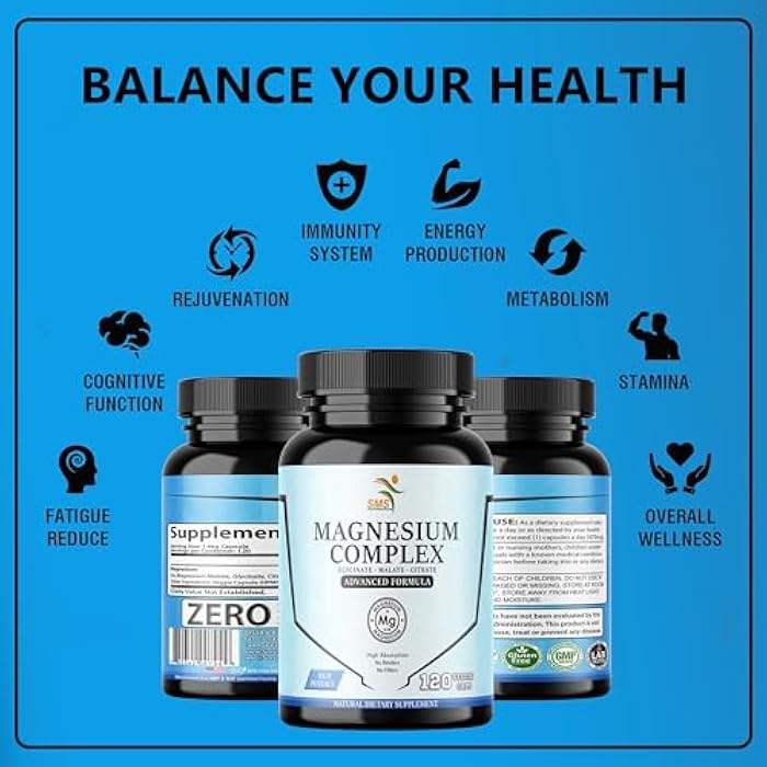 SMSHEALTHPRODUCTS.com Magnesium Complex | 470mg of Magnesium Glycinate, Malate, & Citrate for Muscles, Nerves, & Energy | High Absorption | Vegan, Non-GMO | 120 Capsules - Image 5