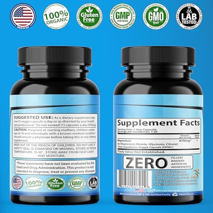 SMSHEALTHPRODUCTS.com Magnesium Complex | 470mg of Magnesium Glycinate, Malate, & Citrate for Muscles, Nerves, & Energy | High Absorption | Vegan, Non-GMO | 120 Capsules - Image 2