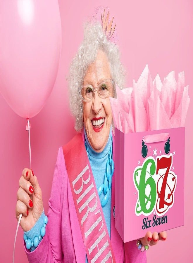 Linelglobal 12.6" Pink 67 Birthday Gift Bag Comes with Tissues Paper, Gift Bag with Card for Women Suitable for Anniversaries, Birthday, Gifting, Shopping, and Some Special Occasions - Image 5