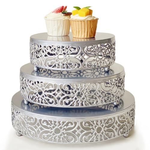 Amedoo Silver Cake Stand, 3Pcs Round Metal Cake Stand Set, Dessert Cupcake Pastry Candy Display Plate 8" 10" 12" for Wedding, Event, Birthday Party (Silver Cake Stands / 3 Pcs) - Image 1