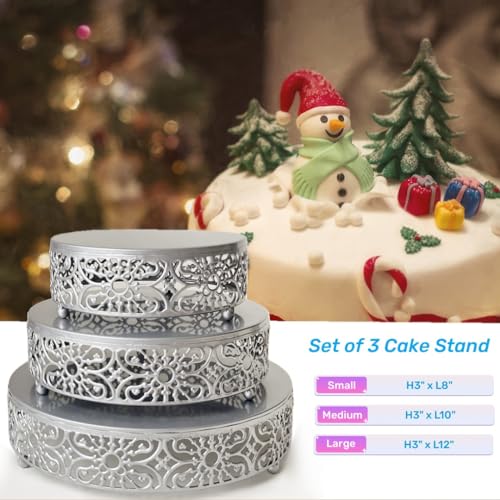 Amedoo Silver Cake Stand, 3Pcs Round Metal Cake Stand Set, Dessert Cupcake Pastry Candy Display Plate 8" 10" 12" for Wedding, Event, Birthday Party (Silver Cake Stands / 3 Pcs) - Image 2