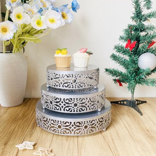 Amedoo Silver Cake Stand, 3Pcs Round Metal Cake Stand Set, Dessert Cupcake Pastry Candy Display Plate 8" 10" 12" for Wedding, Event, Birthday Party (Silver Cake Stands / 3 Pcs) - Image 5