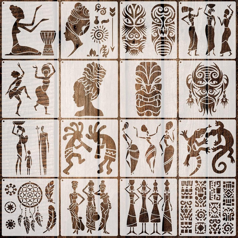 Zonon Zonon 16 Piece African Tribal Stencils - Congo Mask & Face Stencil Templates for Wall Painting and Metal Open Ring - Image 1