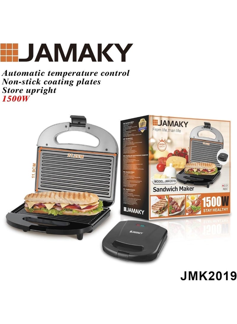 JAMAKY 1500W Stainless Steel Sandwich Maker – Non-Stick Plates, Cool Touch, Indicator Light JMK2019 - Image 1