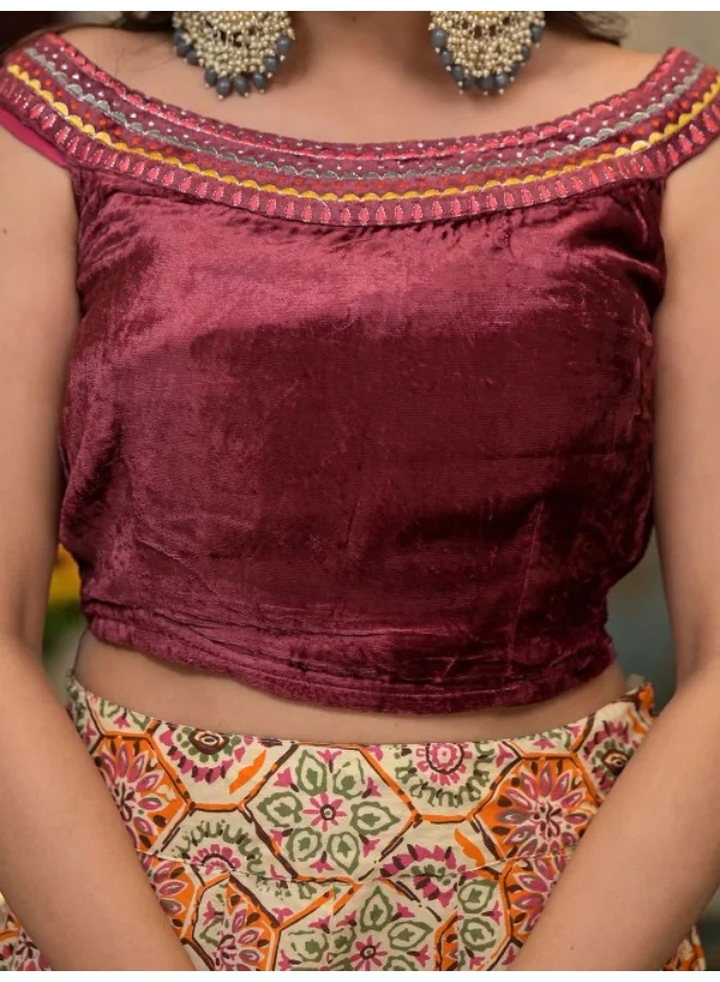 AKS Beige Lehenga Choli with Velvet Blouse