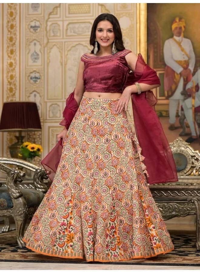 AKS Beige Lehenga Choli with Velvet Blouse