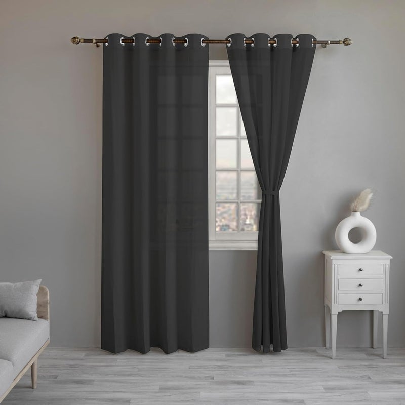 LINENWALAS Black Cotton Linen Sheer Curtains 8 Feet Door Curtain Set of 2 Solid Curtains for Kitchen Bedroom Curtains with Eyelet Rings Light Filtering 45X 8 ft - Image 1