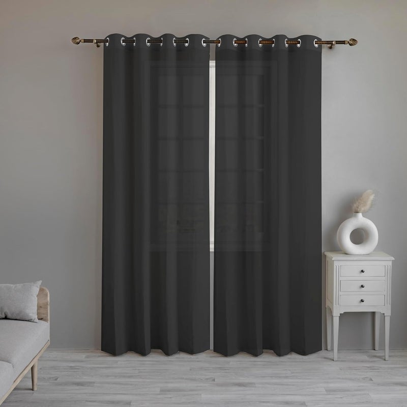 LINENWALAS Black Cotton Linen Sheer Curtains 8 Feet Door Curtain Set of 2 Solid Curtains for Kitchen Bedroom Curtains with Eyelet Rings Light Filtering 45X 8 ft - Image 2