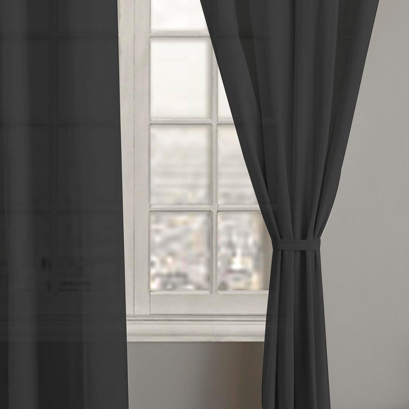LINENWALAS Black Cotton Linen Sheer Curtains 8 Feet Door Curtain Set of 2 Solid Curtains for Kitchen Bedroom Curtains with Eyelet Rings Light Filtering 45X 8 ft - Image 4
