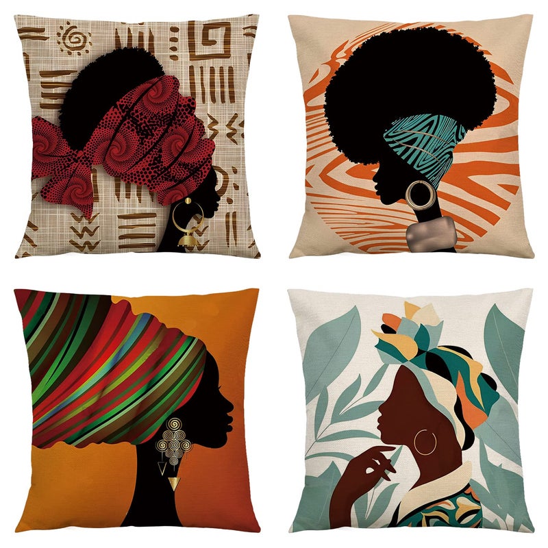 RinRinfam Abstract African Woman Throw Pillow Covers 18x18 Set of 4  Ethnic Tribal Motif Kente Head Wrap Pillow Cushion Cases Home Decor for Outdoor Sofa Bedroom Car Colorful - Image 1