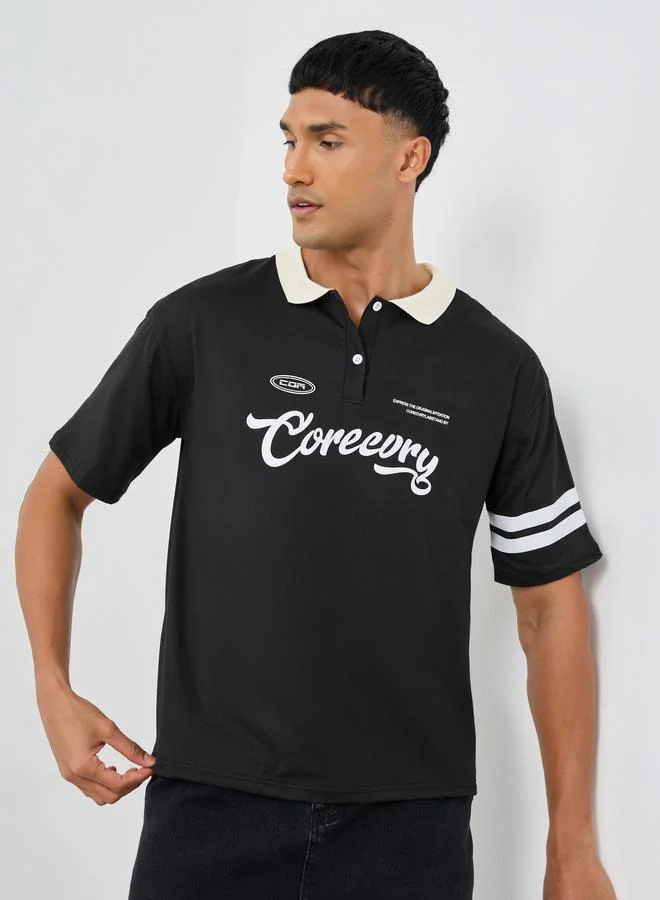 Styli Styli Oversized Varsity Print Polo Neck T-Shirt