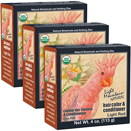 لون شعر الحناء من لايت ماونتن - بلسم لون الشعر - صبغة شعر حمراء فاتحة للرجال والنساء - مسحوق أوراق الحناء العضوي والنباتات - خالية من المواد الكيميائية - لون شعر شبه دائم - 4 أونصات - عبوة من 3