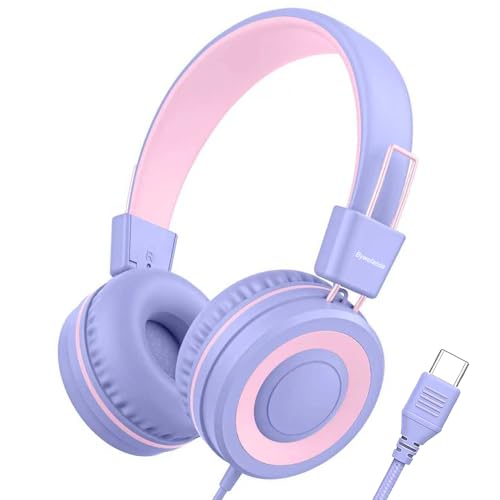 Bywulanda Upgrade USB Type C Kids Headphone for School, 94dB Safe Volume Limited, HD Stereo Sound, Foldable Lightweight On-Ear Headphones for Boys/Girls/Students/Tablet/Travel(Light Purple) - Image 1