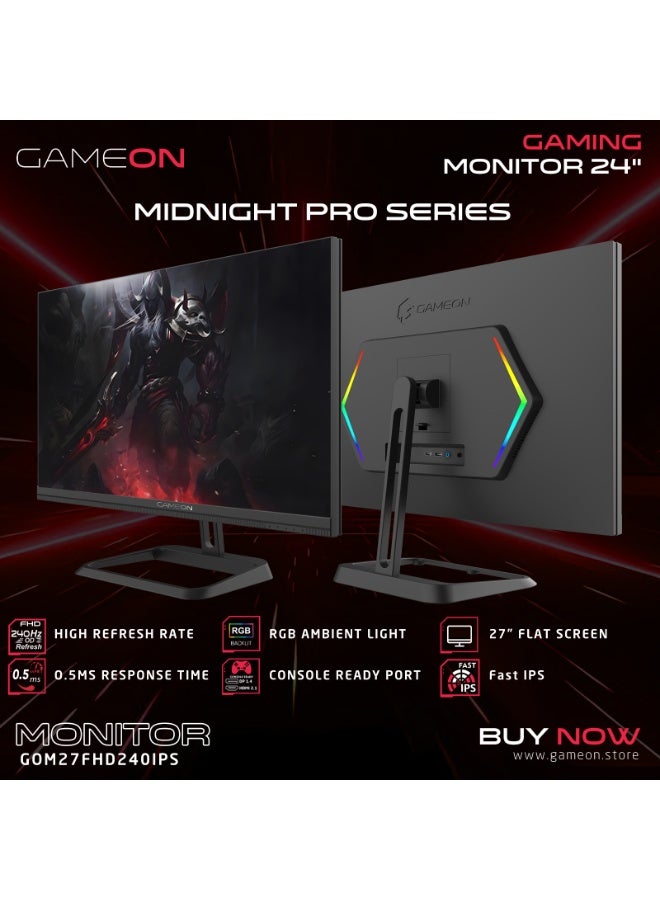 GAMEON Midnight Pro 27-inch Gaming Monitor, FHD 1920x1080, 240Hz Refresh Rate, 0.5ms MPRT, Fast IPS, HDR10, FreeSync, HDMI 2.1, VESA Mount, RGB, Supports PS5 PC black - Image 2