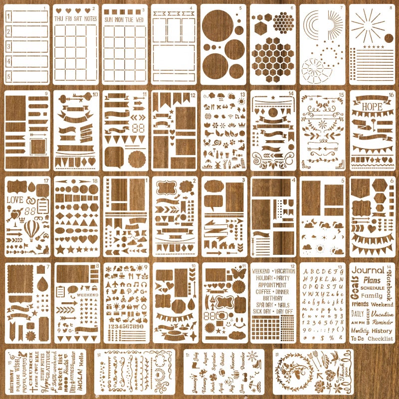 Pinsit 36Piece Journal Stencil Set for Bullet Journals, 4 x 7 Inch Templates, Planner Stencils for DIY Drawing, Notebook & Scrapbook Accessories - Image 1