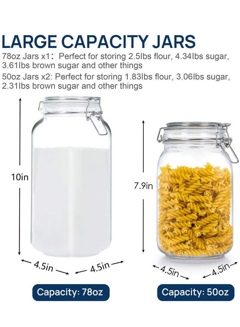 في توب مارت Vtopmart 3 قطع برطمانات زجاجية محكمة الغلق مع أغطية، 3 قطع حاويات تخزين طعام Vtopmart، حاويات ماسون مربعة، 78 أونصة1 + 50 أونصة2 - Image 2