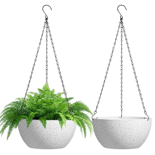 T4U 10 Inch Hanging Planters for Indoor Outdoor Plants 2 Pack Plastic Hanging Flower Plant Pot with Drainage Hole Round Hanging Plant Basket for Home Garden Porch Balcony Patio Decor White - Image 1