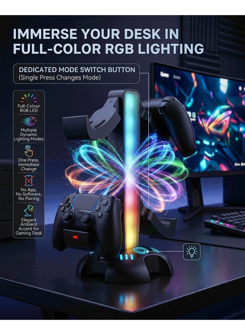 سايتاك حامل شحن ثنائي لجهاز PS5 DualSense من Saitake، مزود بإضاءة RGB، يشحن جهازي تحكم - Image 5