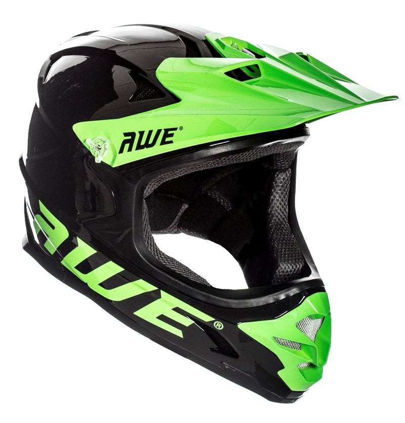 Awe AWE® AWEBlast™ FREE 5 YEAR CRASH REPLACEMENT* BMX/Full Face Helmet Black Green Medium 56-58cm - Image 1