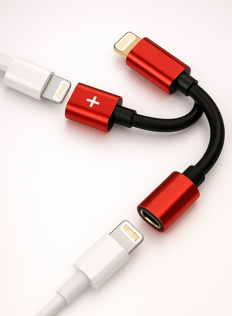 Lightning to Dual Lightning Adapter – Listen & Charge Simultaneously (Red & Black)