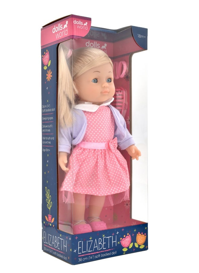 dolls world Elizabeth 14 inch Soft Doll Sleeping Eyes With Hair & Accessories from Peterkin gift for kids of Age above 18 months  - Image 2
