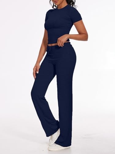 AnotherChill Women's 2 Piece Lounge Sets Straight Leg Pants Set Short Sleeve Crop T-shirt Casual Outfits Comfy Loungewear (Navy-Blue, Small) - Image 4