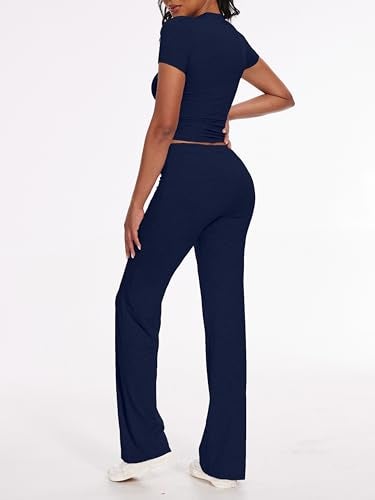 AnotherChill Women's 2 Piece Lounge Sets Straight Leg Pants Set Short Sleeve Crop T-shirt Casual Outfits Comfy Loungewear (Navy-Blue, Small) - Image 3