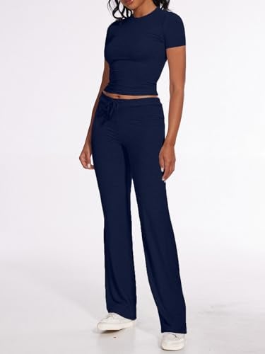 AnotherChill Women's 2 Piece Lounge Sets Straight Leg Pants Set Short Sleeve Crop T-shirt Casual Outfits Comfy Loungewear (Navy-Blue, Small) - Image 2