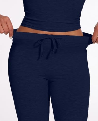 AnotherChill Women's 2 Piece Lounge Sets Straight Leg Pants Set Short Sleeve Crop T-shirt Casual Outfits Comfy Loungewear (Navy-Blue, Small) - Image 5