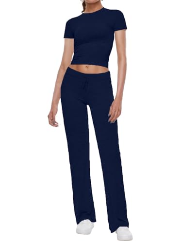 AnotherChill Women's 2 Piece Lounge Sets Straight Leg Pants Set Short Sleeve Crop T-shirt Casual Outfits Comfy Loungewear (Navy-Blue, Small) - Image 1