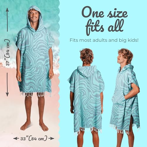 Nova Blue Waves Poncho Towel – White Hooded Beach Towel Adult (33 X 37) – 100% Turkish Cotton Quick Dry Surf Poncho - Beach Accessories for Vacation - Image 3