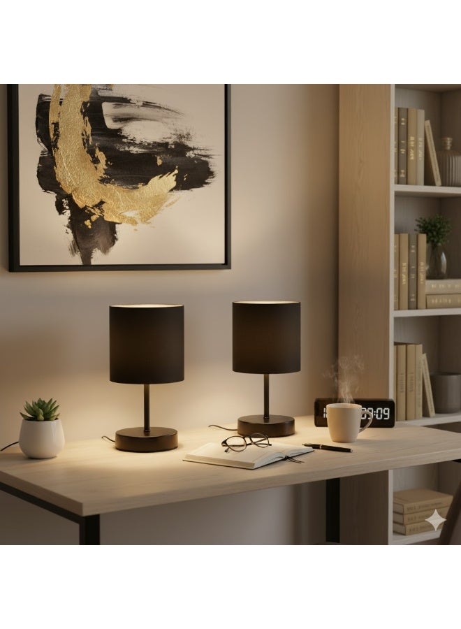 الروضة للإضاءة قطعتين من أباجورات المصباح بشكل مميز وأنيق، مع غطاء قماشي فريد ومعدن - اباجورة مودرن لغرف النوم والمعيشة | اللون: اسود × اسود | المقاس: 28x15x15 سم - Image 2