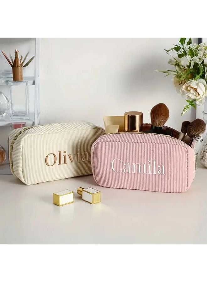 Custom Embroidered Corduroy Makeup Bag Personalized Name Black Travel Toiletry Organizer - Image 2