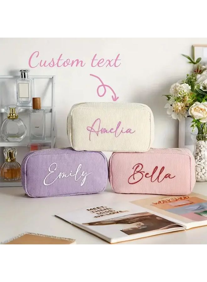 Custom Embroidered Corduroy Makeup Bag Personalized Name Black Travel Toiletry Organizer - Image 1
