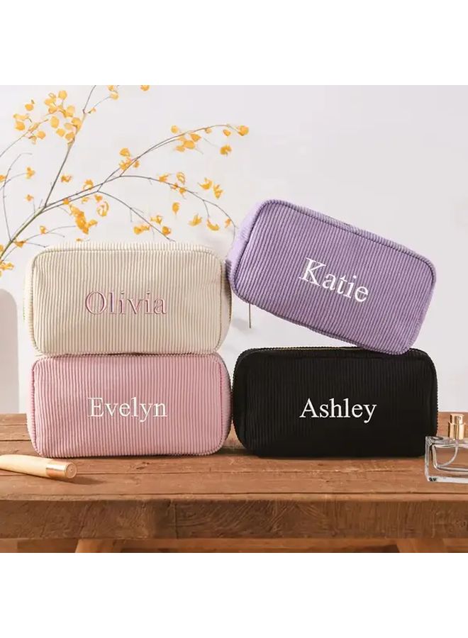 Custom Embroidered Corduroy Makeup Bag Personalized Name Black Travel Toiletry Organizer - Image 3
