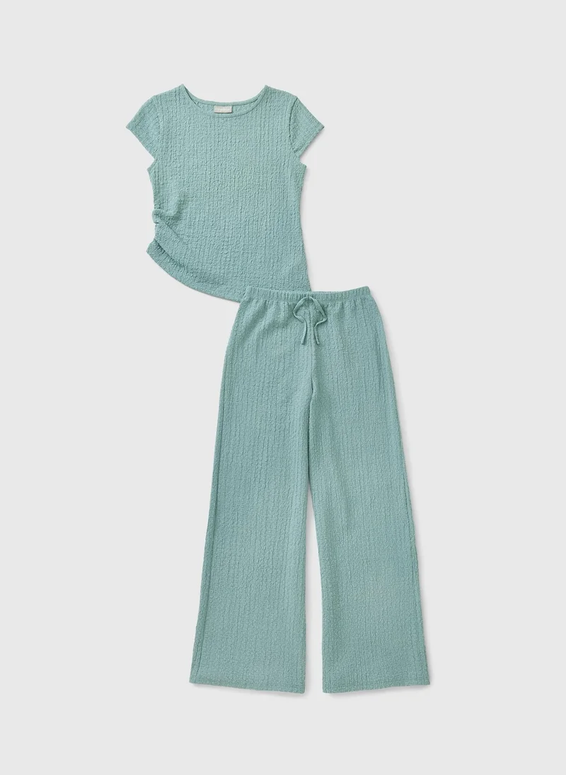 ماتلان Girls Blue Crinkle Top & Trousers Set