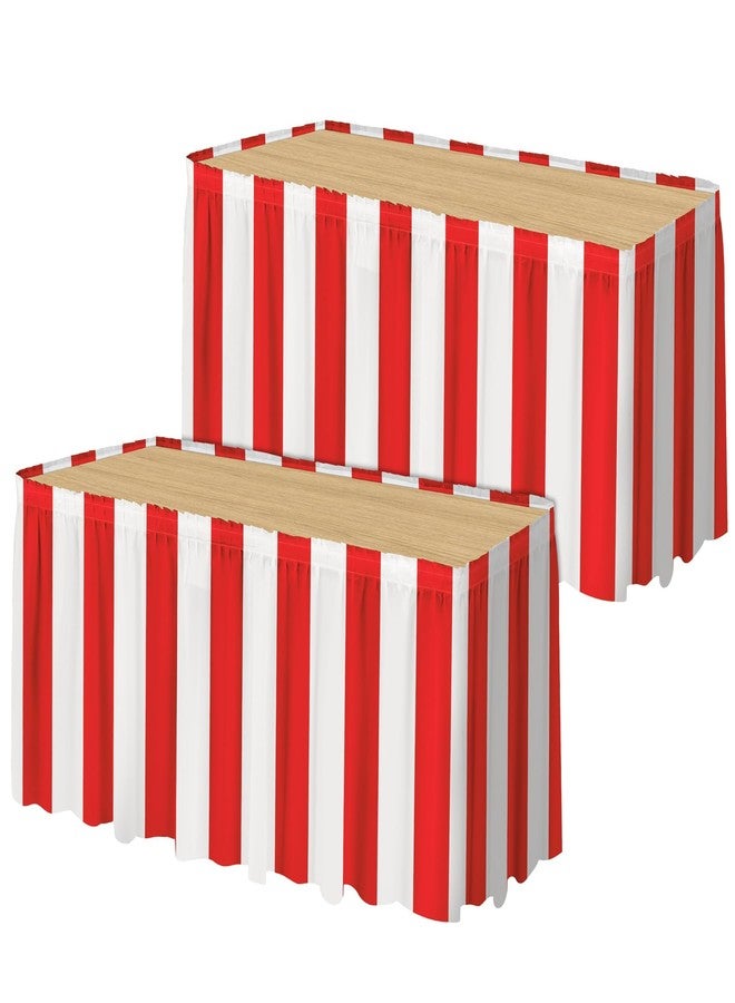 Fovths 2 Packs Red and White Striped Table Skirt Circus Table Skirt Carnival Theme Party Decorations Circus Tables Decorations for Concession Stand Holiday Party Supplies, 14 ft x 30 inch - Image 1