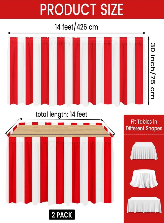 Fovths 2 Packs Red and White Striped Table Skirt Circus Table Skirt Carnival Theme Party Decorations Circus Tables Decorations for Concession Stand Holiday Party Supplies, 14 ft x 30 inch - Image 2