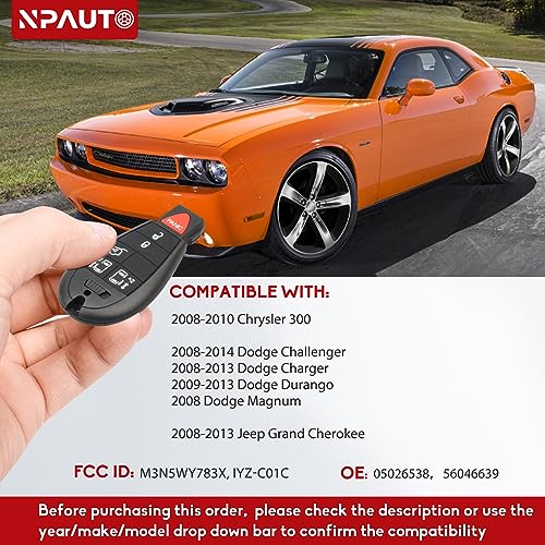 NPAUTO Key Fob Fobik Replacements for Dodge Challenger 2008-2014, Durango, Charger, Chrysler 300, Jeep Grand Cherokee Truck Keyless Entry Remote Control Start Car Key Fob (M3N5WY783X, 433 MHz, 2-Pack) - Image 3
