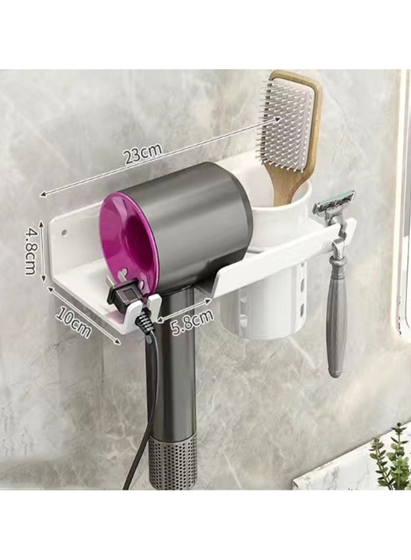 Non Drilling Hair Dryer Bracket Wall Mounted, Adhesive/Drilling Dual-Use, Hair Dryer Storage Rack. Bathroom Hair Dryer Rack, Hair Tool Organizer, White - Image 1