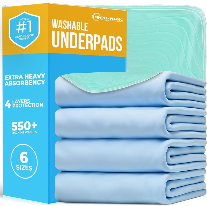 Simpli-Magic Washable Underpads, 34x 36" (Pack of 4) - Heavy Absorbency Reusable Bedwetting Incontinence Pads for Kids,Adults,Elderly,andPets - Waterproof Protective Pad for Bed,Couch,Sofa,Floor